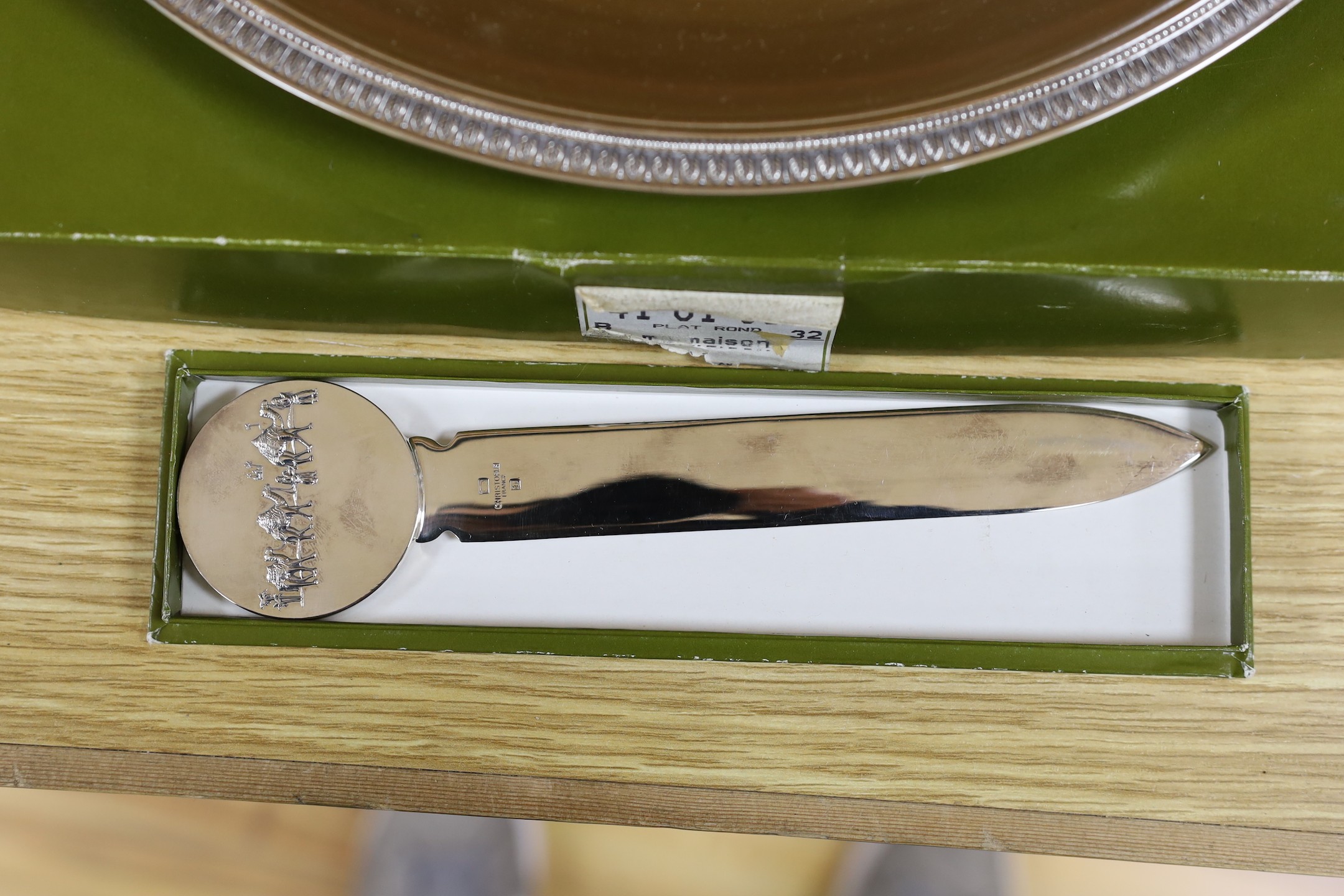 A boxed French Cristofle plated salver a boxed paper knife, dish and rose bowl, salver 35 cms diameter